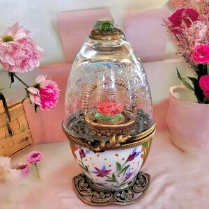 La Gloriette Limoges Porcelain Egg Diorama Trinket Box Clear Crystal Jewel Lid